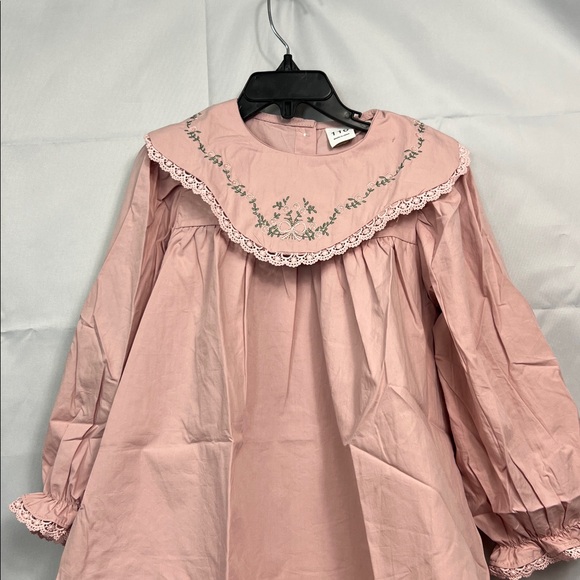Dudu Cream dusty rose embroidered bib collar long sleeve dress size 5-6 NEW - Picture 3 of 15